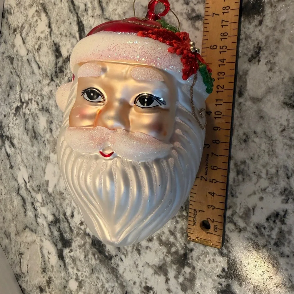 Large Glass Santa Claus Head Christmas Ornament Poinsettia Glitter Red 7